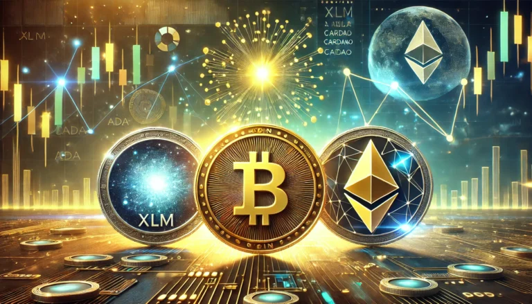 DALL·E 2025-01-26 22.52.17 - A visually captivating image representing the cryptocurrency market. Highlight three prominent coins, symbolizing rivals to Pi Coin_ a shining Stellar