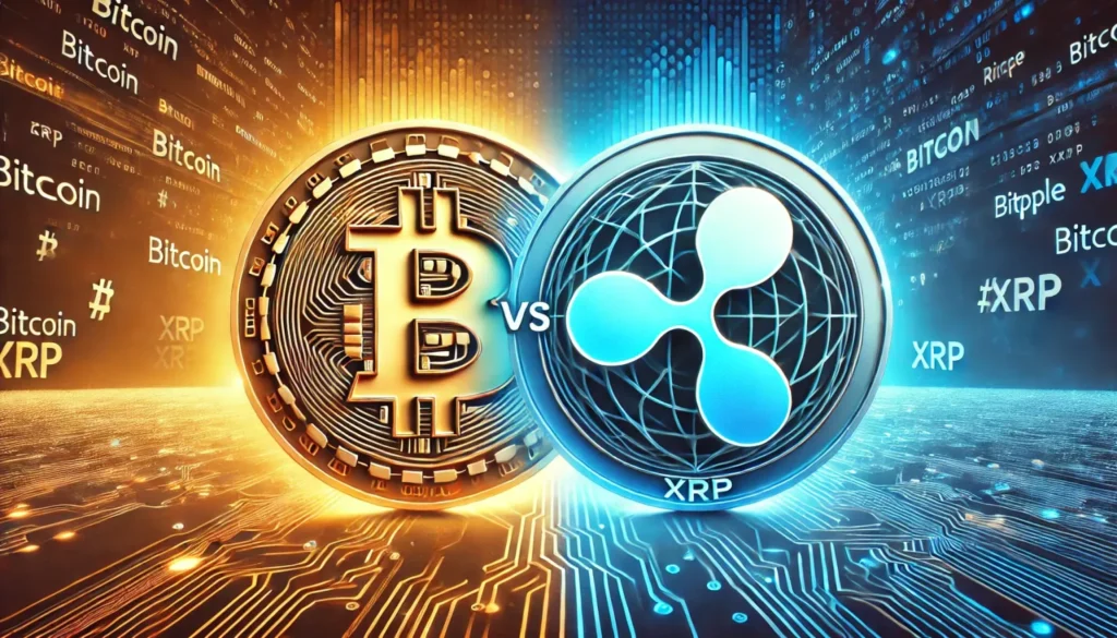 DALL·E-2025-01-27-08.25.08-Create-a-visually-striking-wide-format-image-showing-a-confrontation-between-Bitcoin-and-Ripple-XRP-logos.-Place-the-Bitcoin-logo-with-its-distinct