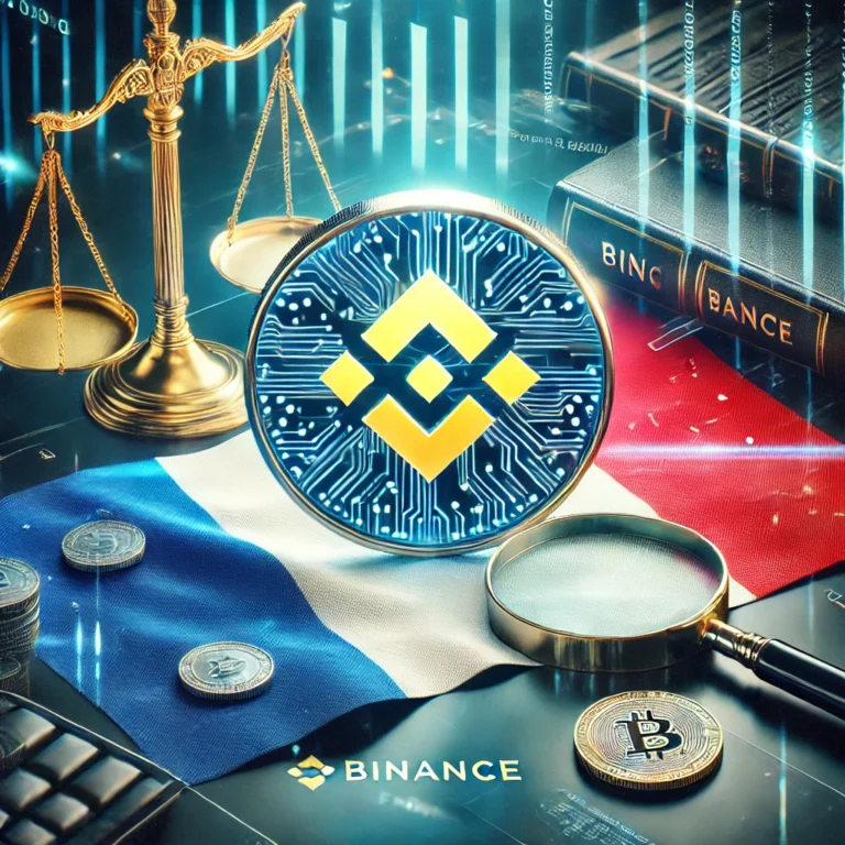 DALL·E 2025-01-29 00.00.33 - A visually striking representation of a cryptocurrency investigation involving Binance in France. The image features the iconic Binance logo subtly em