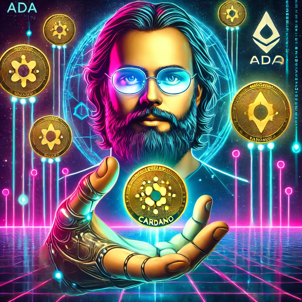 DALL·E 2025-01-31 22.38.49 - A futuristic digital artwork featuring Charles Hoskinson, founder of Cardano, with a glowing coin labeled 'CHARLES' in his hand. The background showca