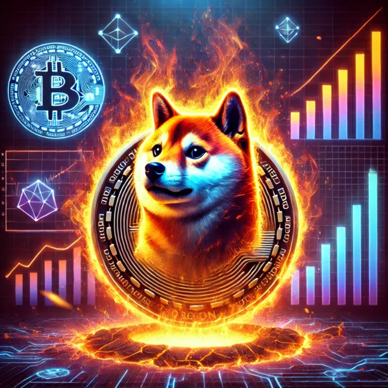 DALL·E 2025-01-31 23.26.12 - A dramatic digital illustration of Shiba Inu cryptocurrency with flames surrounding a burning SHIB coin. The background features blockchain elements,