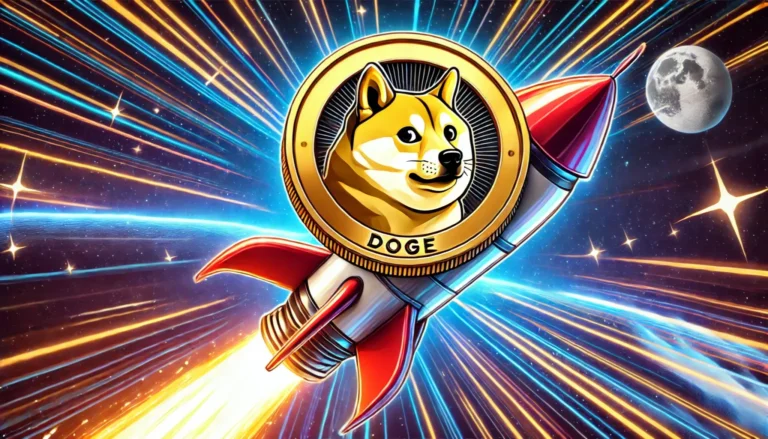 DALL·E-2025-01-27-07.50.54-A-digital-illustration-of-the-Dogecoin-DOGE-cryptocurrency-coin-mounted-on-a-rocket.-The-coin-features-the-iconic-Shiba-Inu-dog-face-on-its-surface