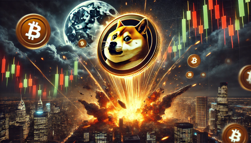 DALL·E-2025-02-03-13.27.40-A-dramatic-digital-illustration-of-a-Dogecoin-featuring-the-Shiba-Inu-dog-crashing-downwards-in-a-futuristic-cryptocurrency-market-setting.-The-coin