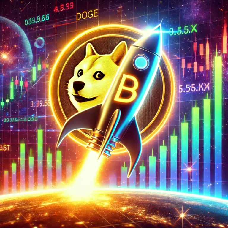 DALL·E 2025-02-05 00.13.56 - A futuristic digital artwork of Dogecoin (DOGE) surging towards an all-time high. The image features a glowing Dogecoin logo with a rocket blasting of