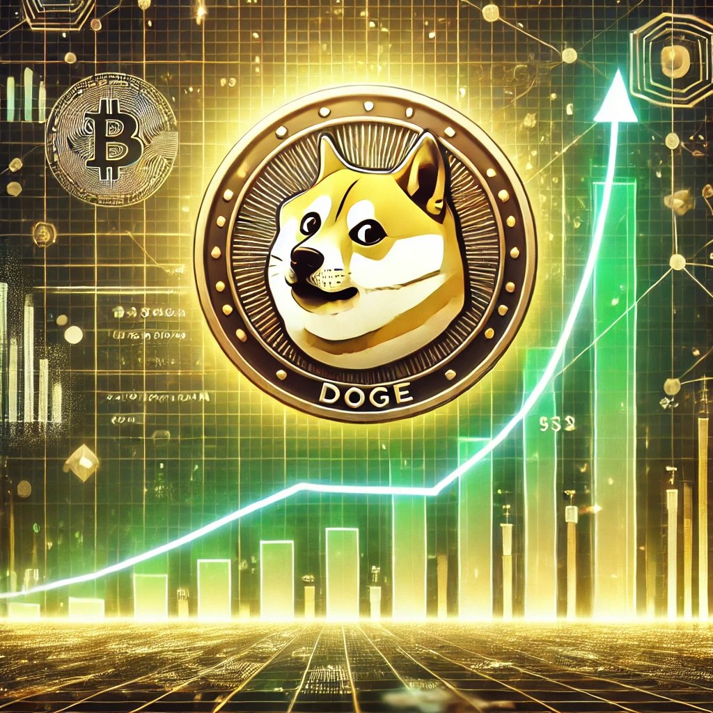 DALL·E 2025-02-05 00.29.31 - A digital illustration of a rising cryptocurrency chart, with Dogecoin (DOGE) as the focal point. The chart shows a recent pullback and an upward tren